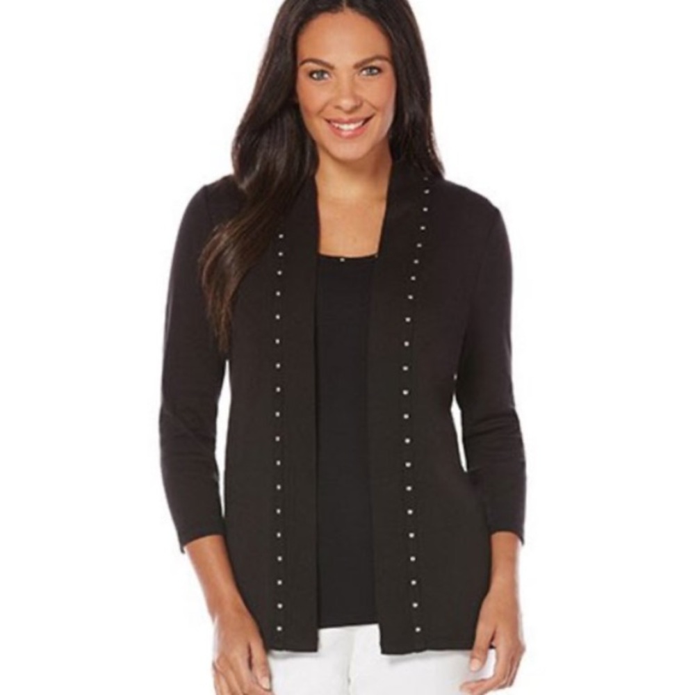 Ruby RD woman’s black viscose cotton blend Cartigan open embellished trim sz M